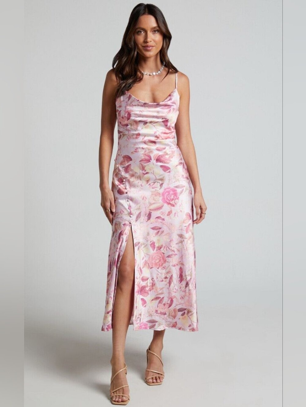 Showpo. Pink Floral Ojai Cowl Neck Split Midi Dress